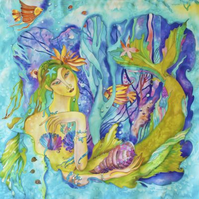 mermaidsilk, silk painting, textile art, silk scarf, hand painted scarf, batik, mermaid scarf